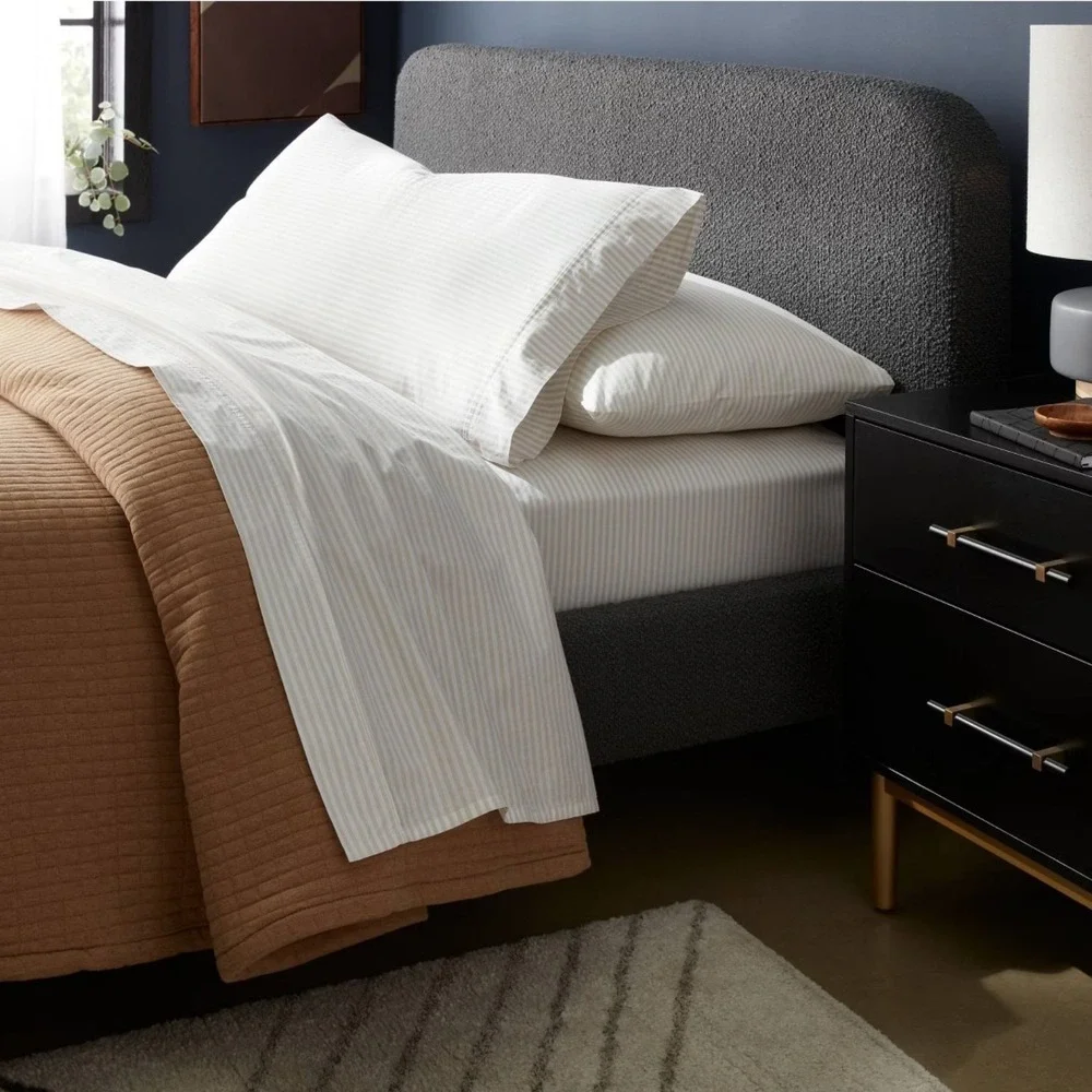 New Threshold Organic Cotton Washed Percale Sheets Set Khaki White Stripes Queen